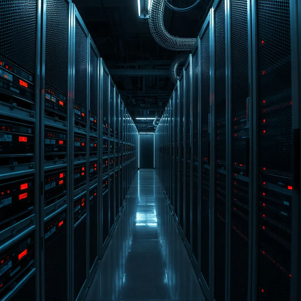 A high-tech server room with chrome racks and red status lig