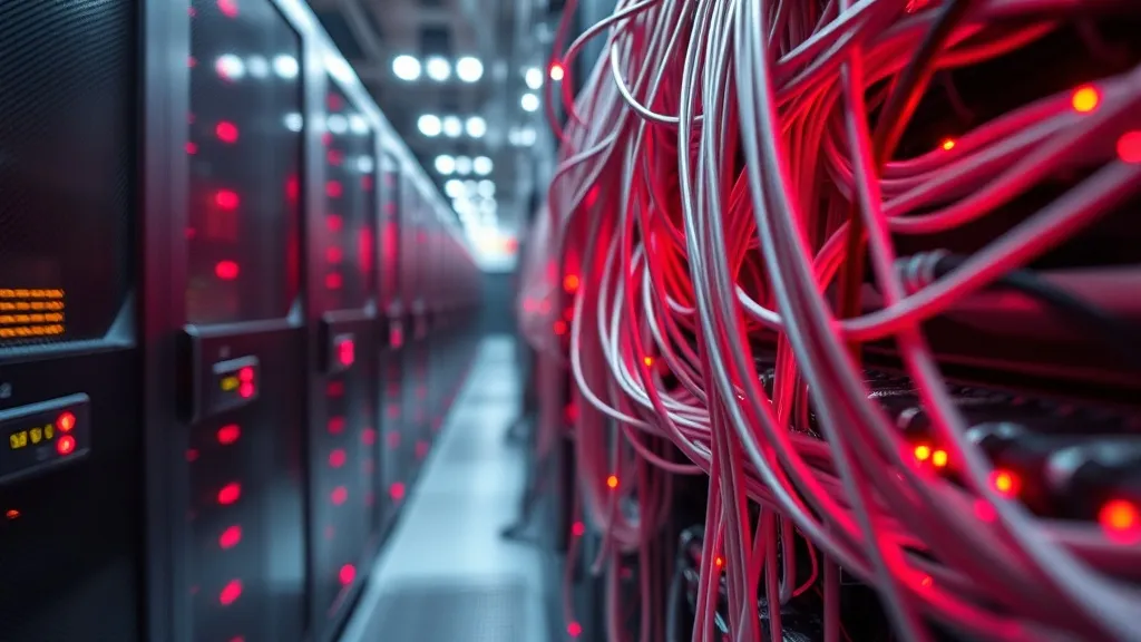 High-tech server room with glowing red and chrome silver dat